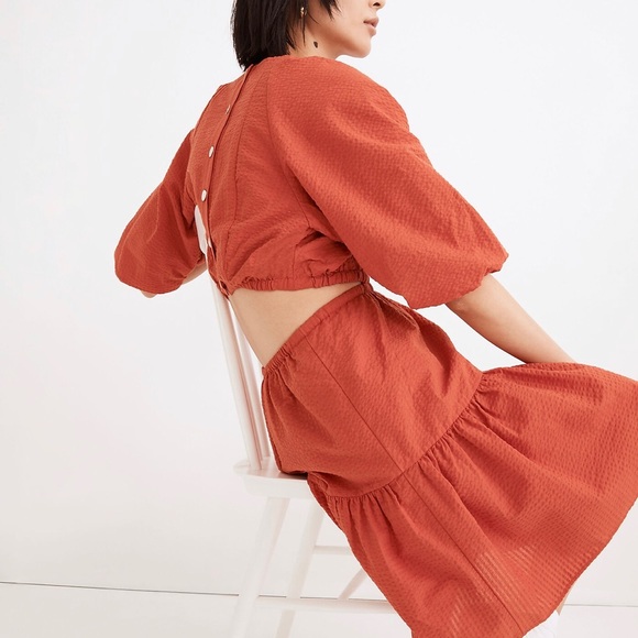 NWT Madewell Seersucker Puff-Sleeve Cutout Mini Dress Size XL - Picture 3 of 10